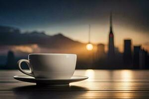 café taza en el mesa con ciudad en el antecedentes. generado por ai foto