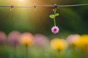 a flower hanging from a wire fence. AI-Generated photo