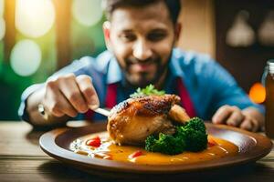 a man is eating a chicken dish with broccoli. AI-Generated photo