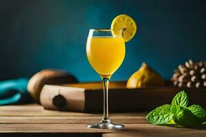 un vaso de naranja jugo con un limón rebanada en el lado. generado por ai foto
