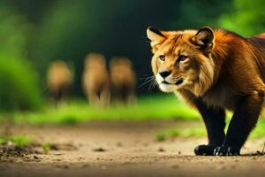 un león caminando en un suciedad la carretera en el bosque. generado por ai foto