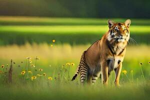 un Tigre en pie en un campo de flores generado por ai foto