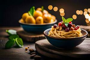 spaghetti with nuts and olives in a bowl. AI-Generated photo