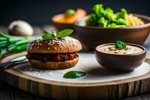 a hamburger with a side of salad and a bowl of soup. AI-Generated photo