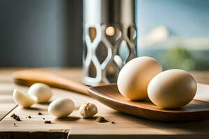 three eggs on a wooden spoon next to a candle. AI-Generated photo