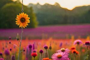 un girasol es en un campo de flores generado por ai foto