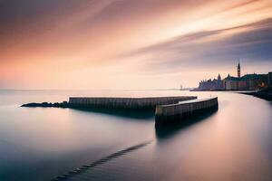 a long exposure photograph of a pier in the water. AI-Generated photo