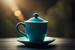 a blue cup and saucer on a wooden table. AI-Generated photo