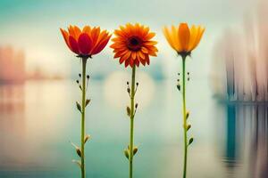 three flowers are standing in front of a body of water. AI-Generated photo