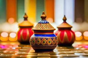 three colorful ceramic pots sitting on a table. AI-Generated photo