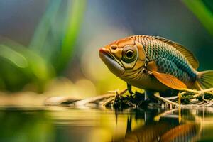 a fish is sitting on the water with grass in the background. AI-Generated photo