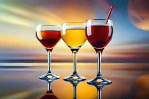 three glasses of different colored drinks on a table. AI-Generated photo