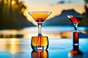 two glasses of cocktails sit on a table in front of a lake. AI-Generated photo