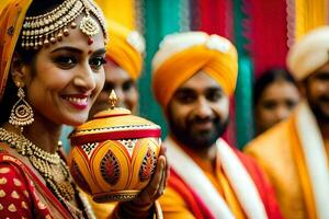 a bride in traditional indian attire holding a pot. AI-Generated photo