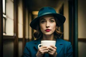 un mujer en un sombrero y traje participación un café taza. generado por ai foto