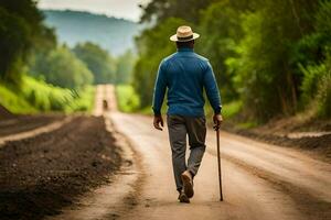 un hombre caminando abajo un suciedad la carretera con un caña. generado por ai foto