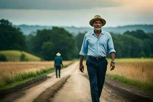 a man in a hat walks down a dirt road. AI-Generated photo