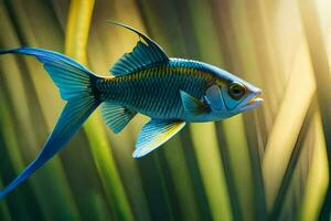 a blue and yellow fish is flying through the air. AI-Generated photo