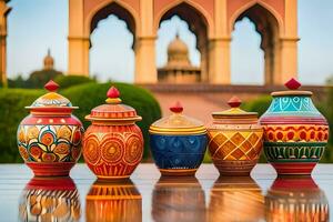 five colorful vases are lined up on a table. AI-Generated photo