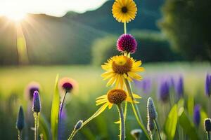 amarillo y púrpura flores en un campo a puesta de sol. generado por ai foto