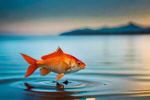 un pescado es en pie en el agua con un montaña en el antecedentes. generado por ai foto