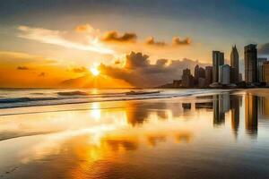 el Dom conjuntos terminado el ciudad horizonte en un playa. generado por ai foto