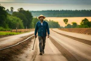 a man walking down a dirt road with a cane. AI-Generated photo