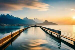 a pier in the middle of a lake with mountains in the background. AI-Generated photo