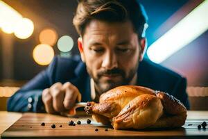 a man in a suit is looking at a roasted chicken. AI-Generated photo