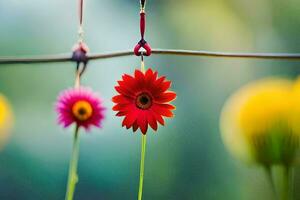 two red flowers hanging from a wire. AI-Generated photo