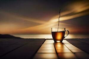 a cup of tea on a wooden table with the sun setting behind it. AI-Generated photo