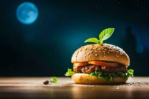 hamburger on a wooden table with moon in the background. AI-Generated photo