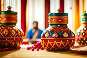 a table with colorful vases and rice. AI-Generated photo