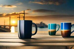 two coffee mugs on a wooden table with a sunset in the background. AI-Generated photo