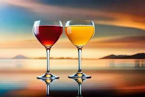 two glasses of wine are sitting on the water with a sunset in the background. AI-Generated photo