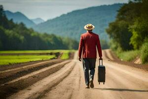 a man in a red jacket and hat walks down a dirt road with a suitcase. AI-Generated photo