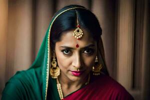 un hermosa indio mujer en un rojo sari. generado por ai foto