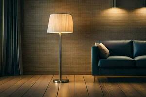 a lamp is on a wooden floor in front of a couch. AI-Generated photo