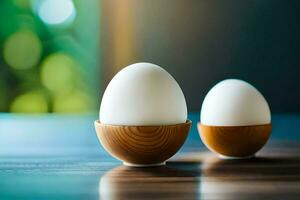 two eggs in wooden egg cups on a table. AI-Generated photo