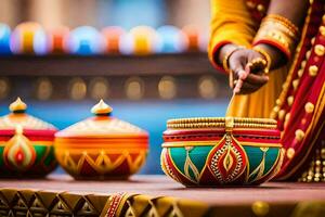 a woman in traditional indian dress is holding a bowl. AI-Generated photo