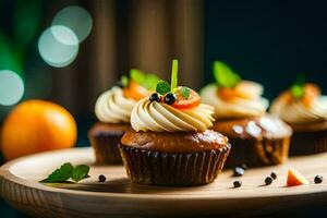 cupcakes on a wooden plate with orange slices. AI-Generated photo