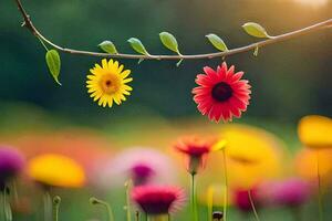 colorful flowers hanging from a branch in a field. AI-Generated photo