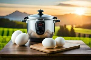 an electric pressure cooker with eggs on a table. AI-Generated photo