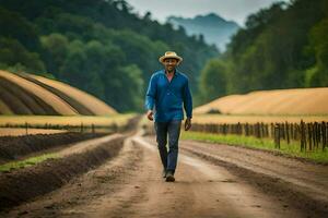 a man in a hat walks down a dirt road. AI-Generated photo