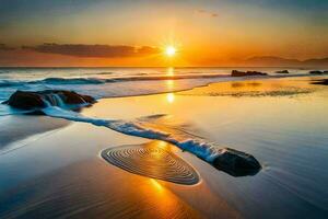 el Dom sube terminado el Oceano en esta hermosa playa foto. generado por ai foto