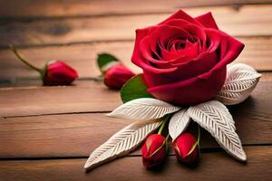 a red rose is sitting on a wooden table. AI-Generated photo