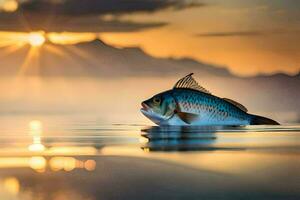 un pescado nadando en el agua a puesta de sol. generado por ai foto