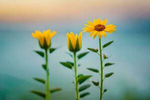 three yellow flowers stand in front of a lake. AI-Generated photo