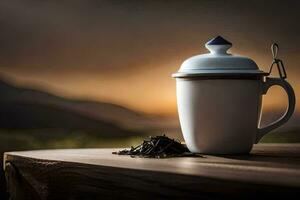 té taza y platillo en de madera mesa con montañas en el antecedentes. generado por ai foto