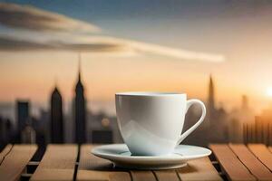 coffee cup on the table with cityscape in the background. AI-Generated photo